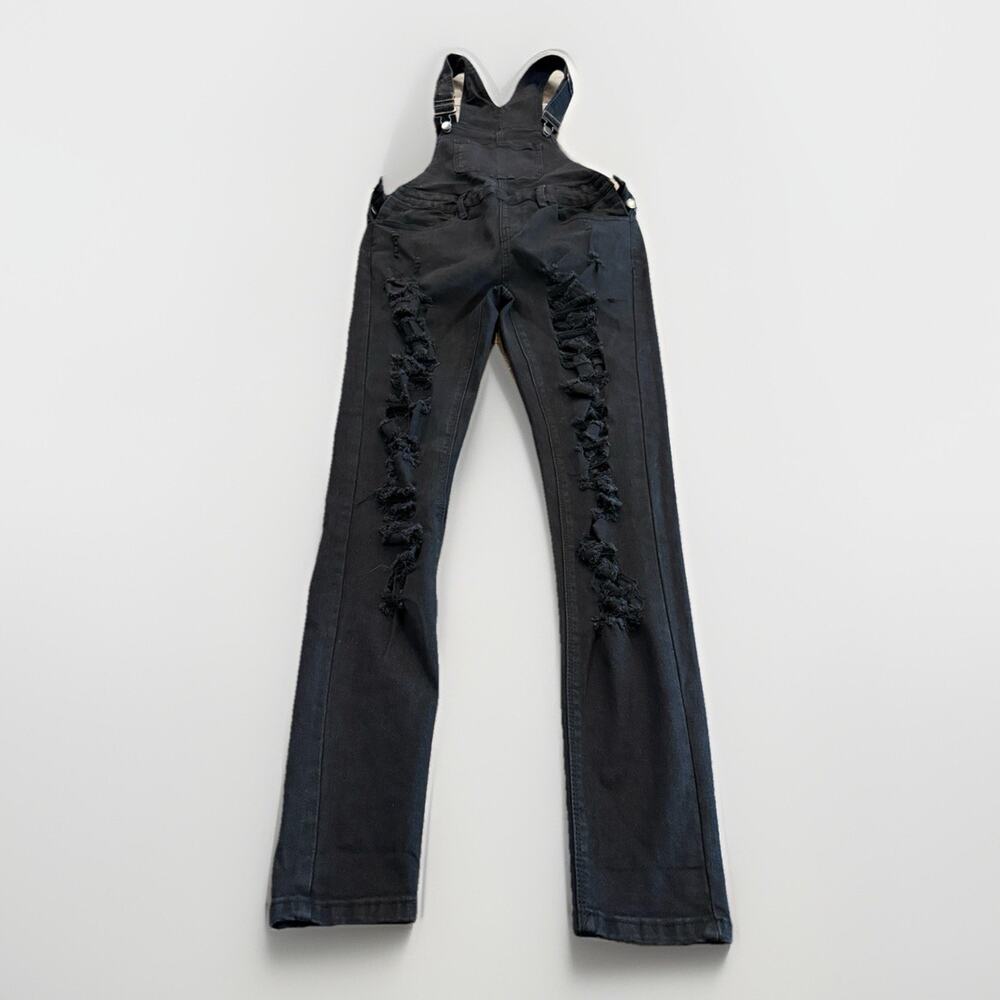 American Bazi Los Angeles Womens Black Distressed Stretched Denim Overalls M NWT